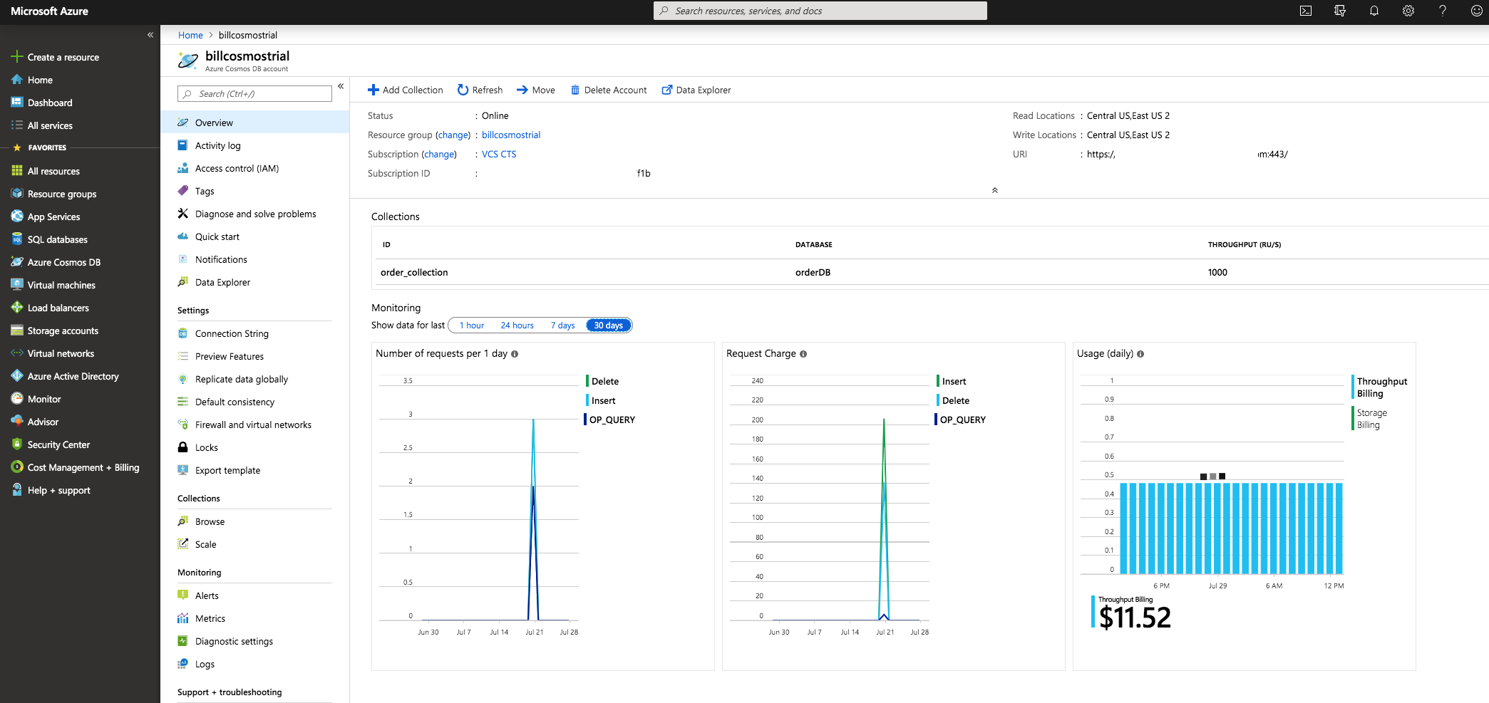 Configured CosmosDB in Azure